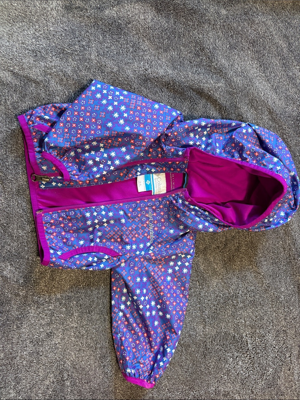 Columbia Girls' Purple Floral Hooded Raincoat with Magenta Trim